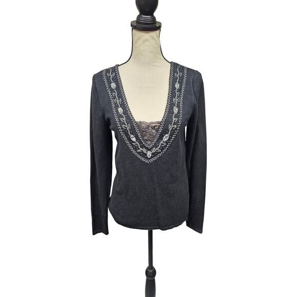 Boston Proper Cashmere Silk Blend Beaded Sweater Pullover Size M Lace Insert Y2K - Picture 1 of 7